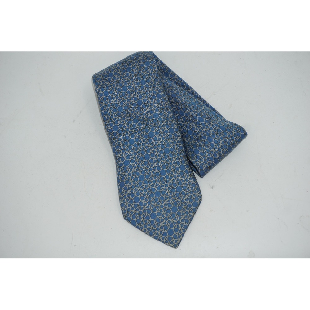 Hermes Paris Tie Mens Blue Geometric Interlocking Rings 100% Silk Rope Pattern